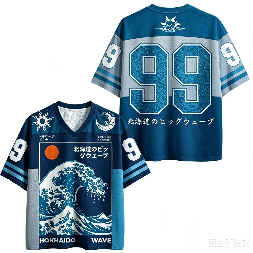 New Japanese Harajuku Style Great Wave Graphic & No.99 Printed Mesh V‑Neck T‑shirt Breathable Short Sleeve Tees for Adult & Kids - view 3