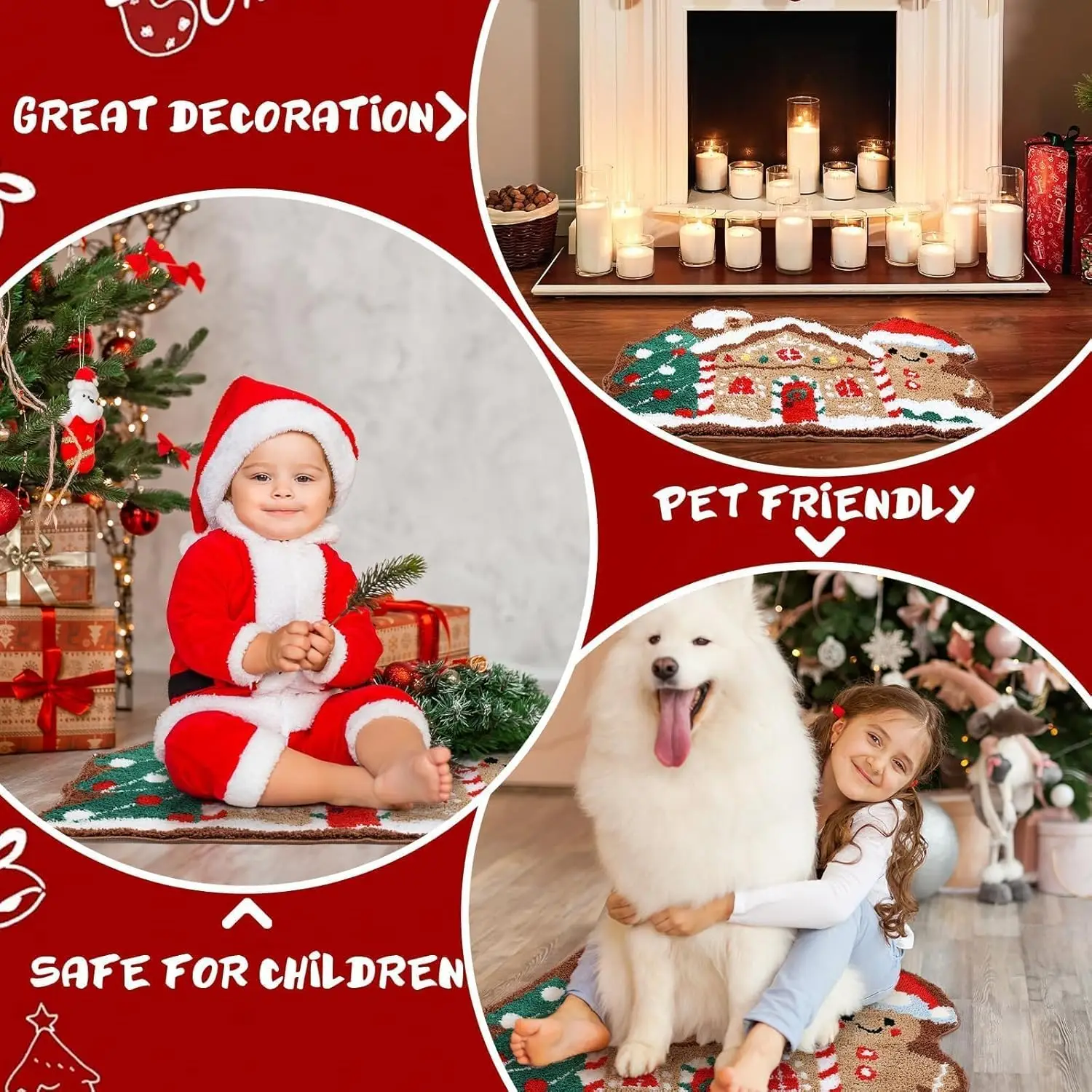 VIKAMA Alfombra navideña de casa de pan de jengibre resistente a las manchas, resistente al desgaste, fácil de limpiar, decoración del hogar para entrada de la sala de estar