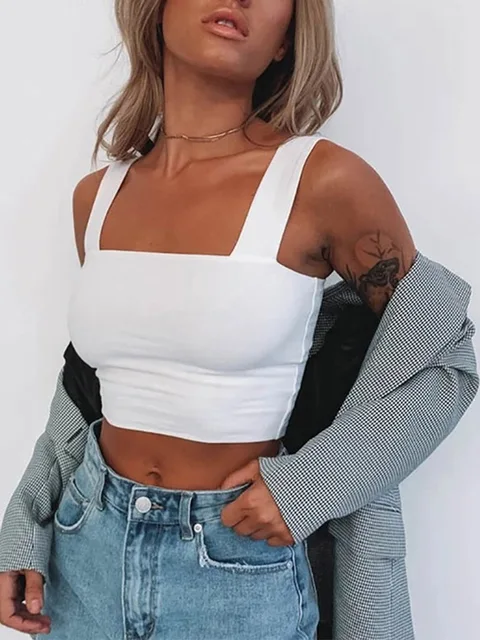 Kwadratowy dekolt bez rękawów Letni krótki top Biały damski czarny Casual Basic T Shirt Off Shoulder Cami Sexy Backless Tank Top