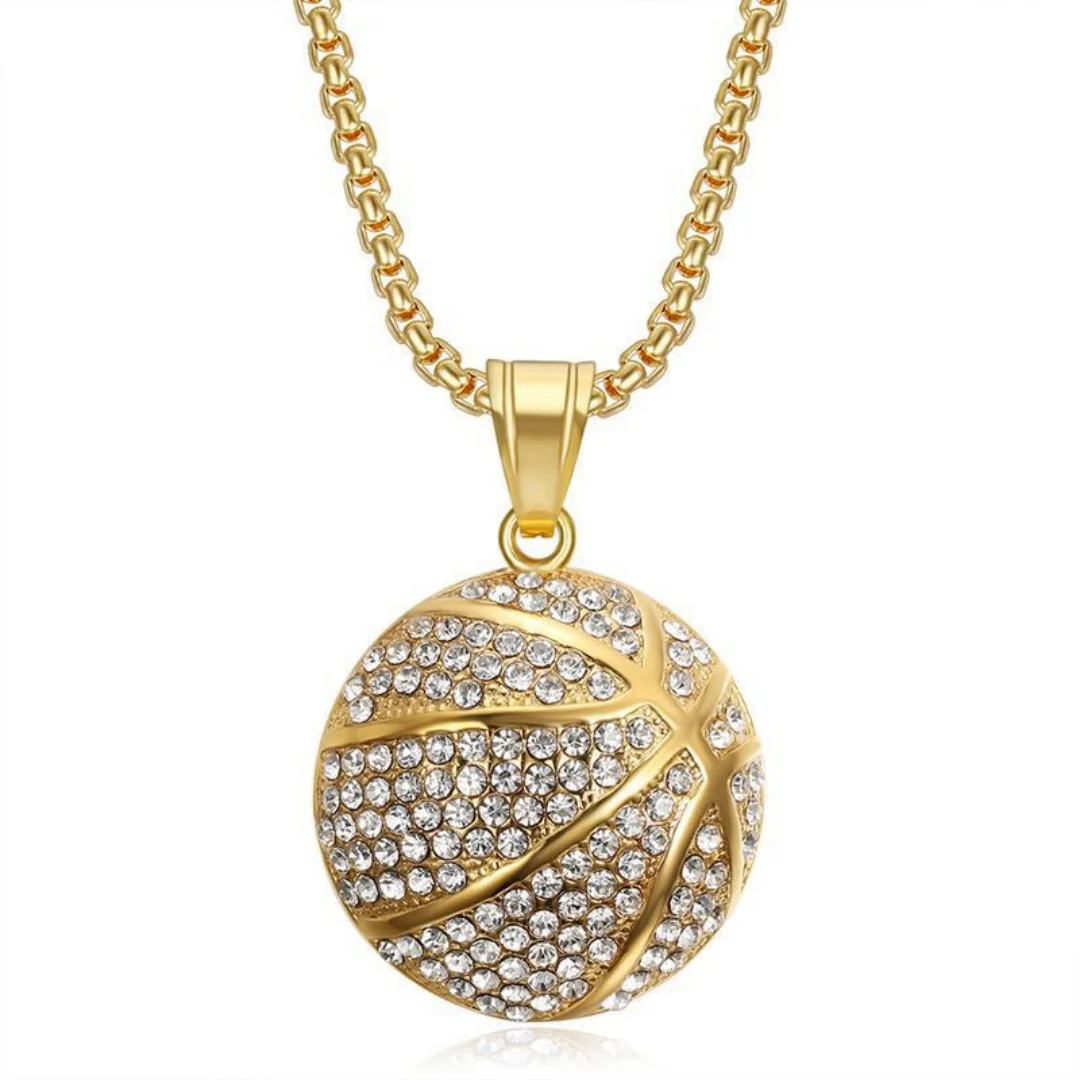 Hip-Hop Basketball Iced Out Bling Pendant Gold Silver Color Stainless Steel Zirconia Fans Sports Necklace for Women Men Jewelry