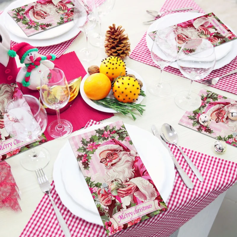 20pcs Christmas Guest Napkins Santa Pink Disposable Paper Tissue Dinner Napkin Bathroom Hand Towels for Xmas Party Supplies