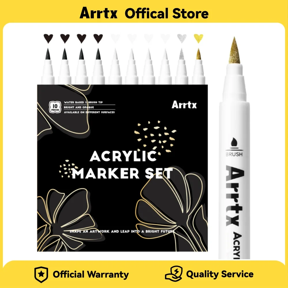 arrtxアクリル絵の具ペン10本パック、ブラシチップペイントマーカー、ほとんどの表面に適しています、黒4本、白4本、金1本、銀1本