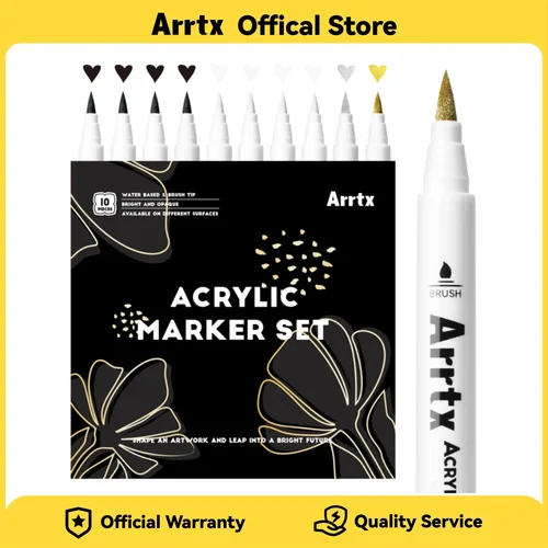 Imagen 1 del producto Bolígrafos de pintura acrílica Arrtx, paquete de 10 marcadores de pintura con punta de pincel, adecuados para la mayoría de las superficies 4 negro 4 blanco 1 dorado 1 plata