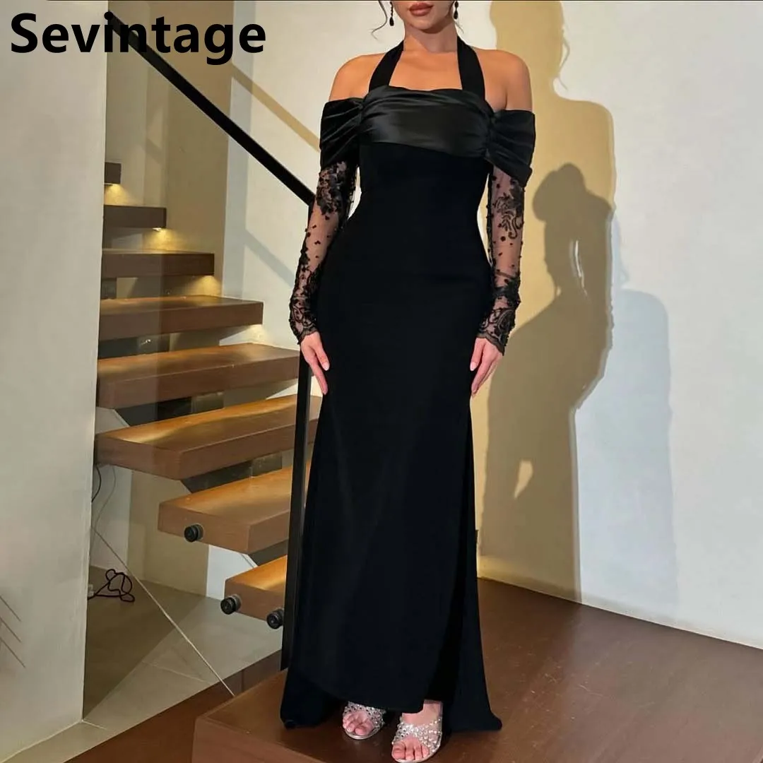 Sevintage 2025 Black Mermaid Off Shoulder Long Sleeve Saudi Arabic Prom Gown Wedding Party Gown Vestidos Customized