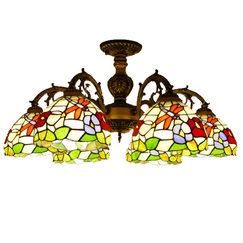 #@European Luxury Classic Baroque Crystal Chandelier for Living Dining Room Retro Tiffany Color Glass Lamps Stained Glass Shade