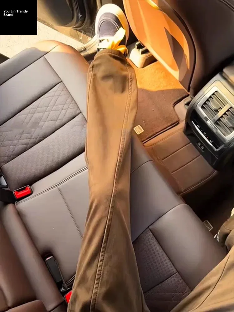 

Fce Lined Slim Fit Workwear Jeans Men's Winter American Retro Sle Side Cut Straight Leg Micro Flared Long Trousers