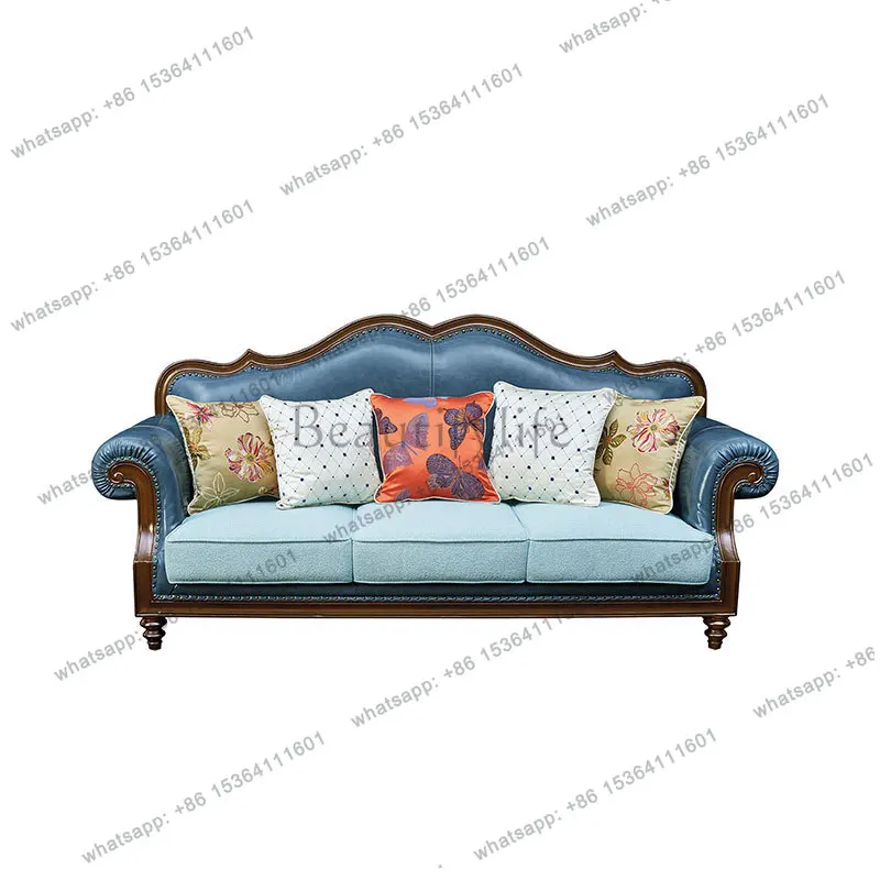 American rural solid wood sofa combination simple three-person leather cowhide retro