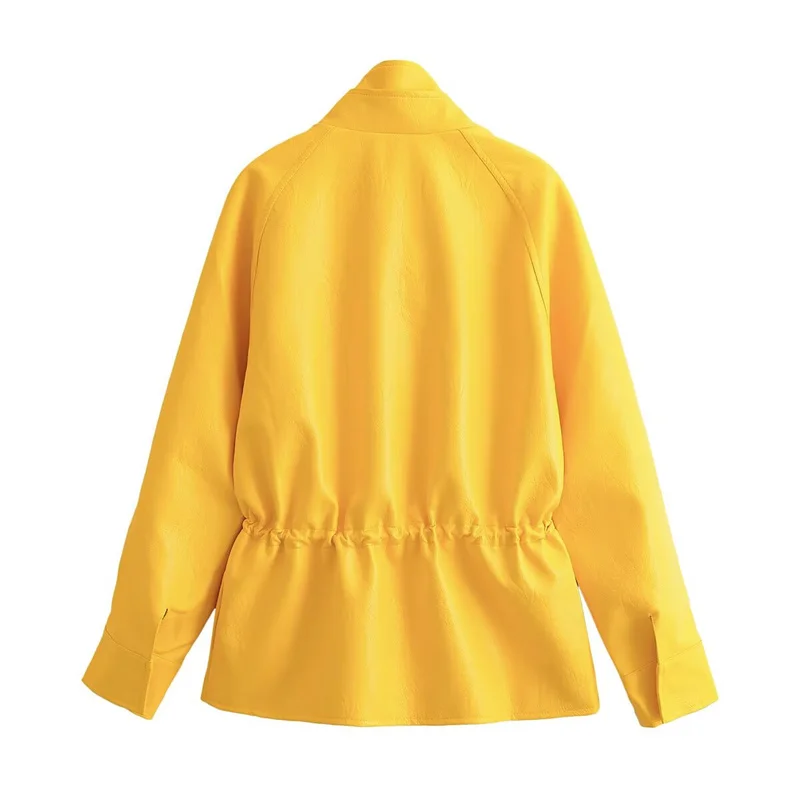 Guobioziy 2026 Women's Jacket Fall New Arrival Yellow Long-Sleeve Stand Collar Loose Faux Leather Jacket Parka Biker Style