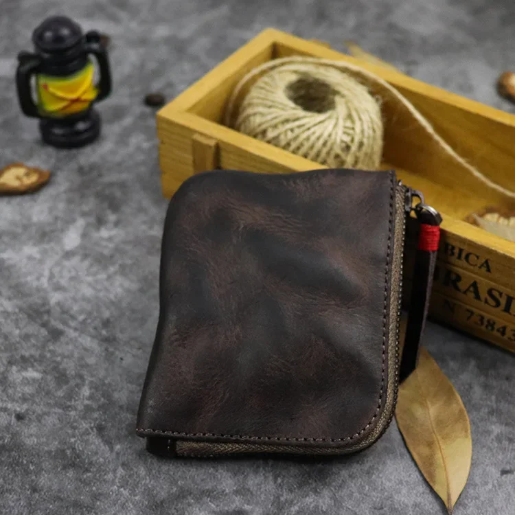 First Layer Vegetable Tanned Leather Change Bag Handmade Old Retro Style Zipper Simple Mini Coin Bag Mini Purse