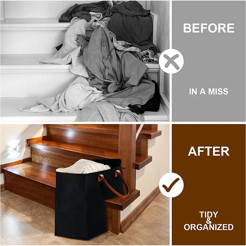 2Pcs Stair Basket With Leather Handles For 16Inch Carpeted Stairs Organizer Felt Collapsible Basket