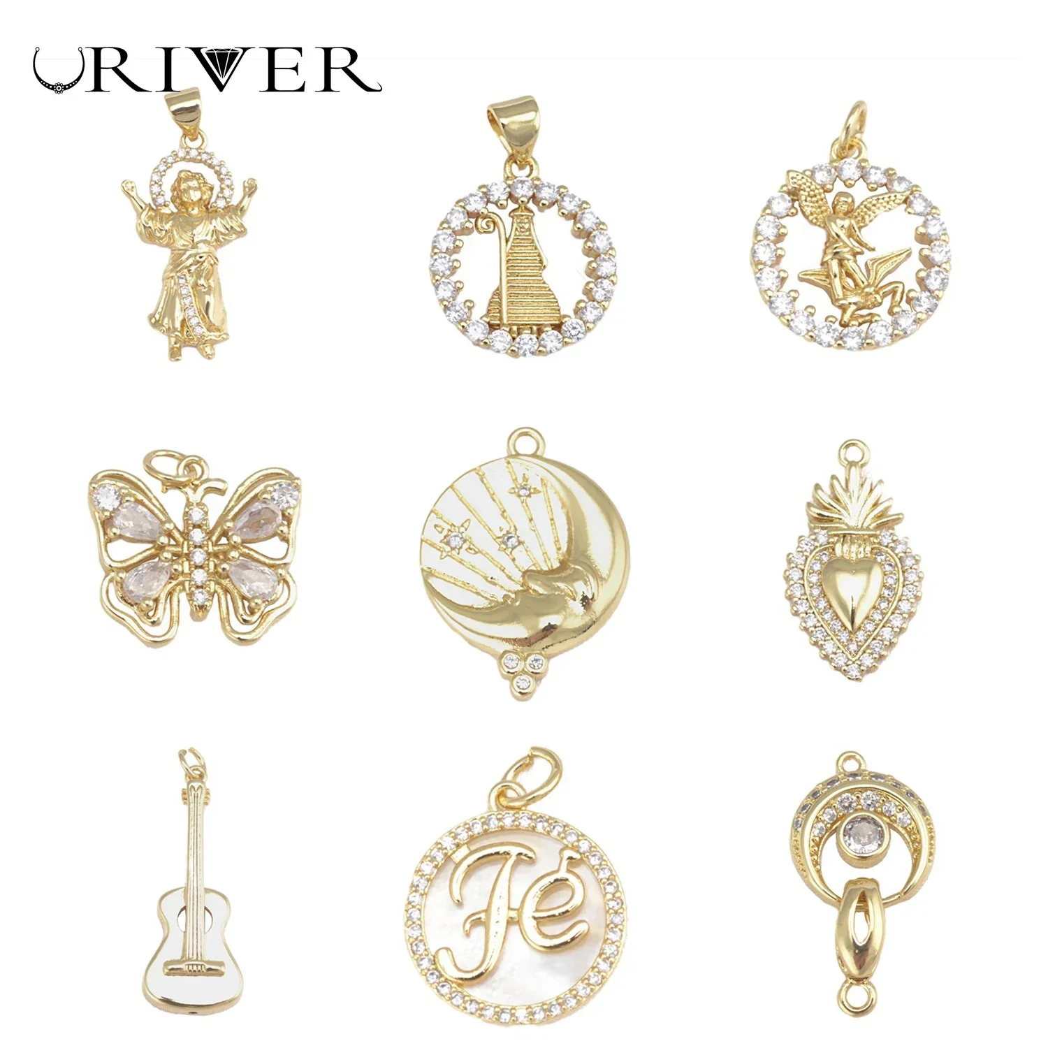 8 Pcs Fashion Pendants DIY Necklace Earring Making Butterfly Guitar Christian Heart Hollow Charms Copper Plated Zircon Jewelry