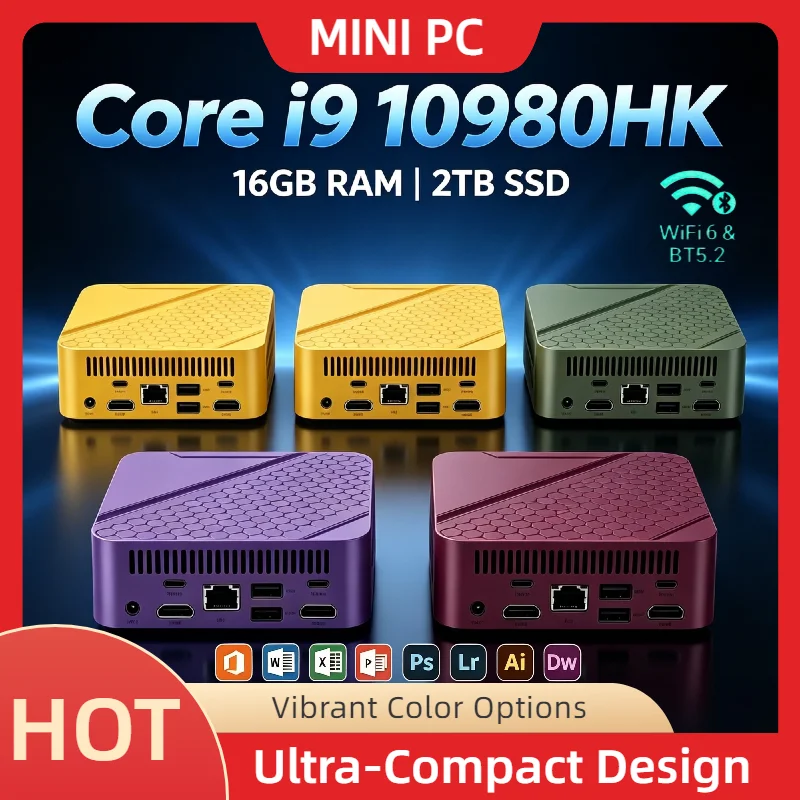 Intel Core i9-10980HK Mini Desktop 16GB DDR4 2TB NVMe SSD Triple 4K Output WiFi6 BT5.2 High Performance Office Home Pro Student