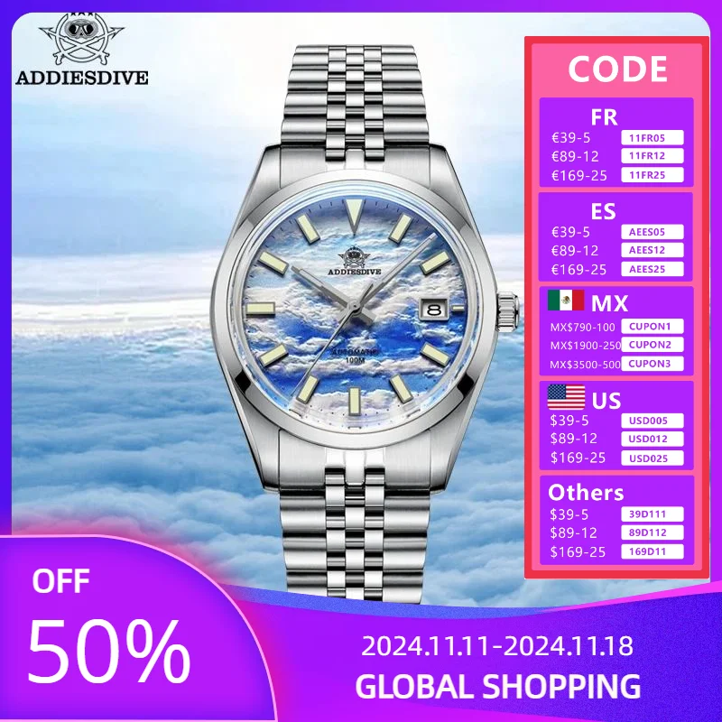 

ADDIESDIVE Watches Men Fashion 3D Cloud Sea Dial Mechanical Watch Stainless Steel BGW9 Blue Luminous 100m Waterproof Wristwatch