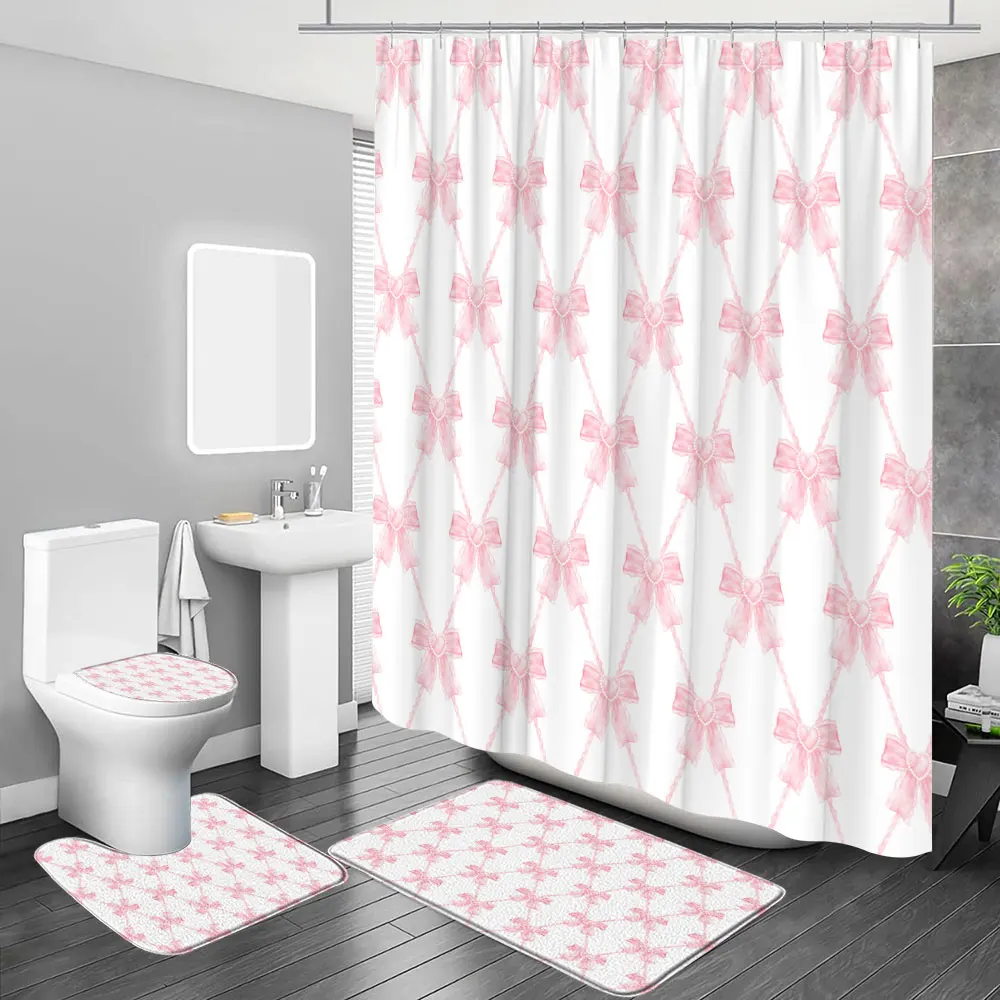 1/4 Pcs Cute Bow Shower Curtain Set Modern Simple Plaid Love Heart European Lace Bathroom Decor Toilet Cover Carpet With Hooks