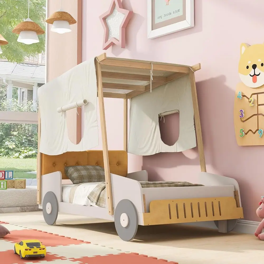 

Platform Bed for Kids, Twin Size Solid Wood with Back Cushion & Ceiling Cloth, Suitable for Boys, Girls, and Teens, Natural Fini