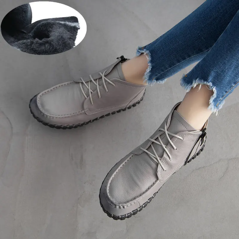Spring Women Genuine Cow Leather Soft Sole Shoes Winter Ladies comfortable Flat Boots Ankle Snow Boots moccasin Warm Sneakers