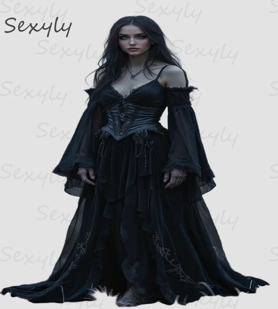 Vestido de novia gótico negro gitano bohemio 2025, vestido de novia bohemio de gasa con escote en V profundo de manga larga, novia Medieval celta personalizada