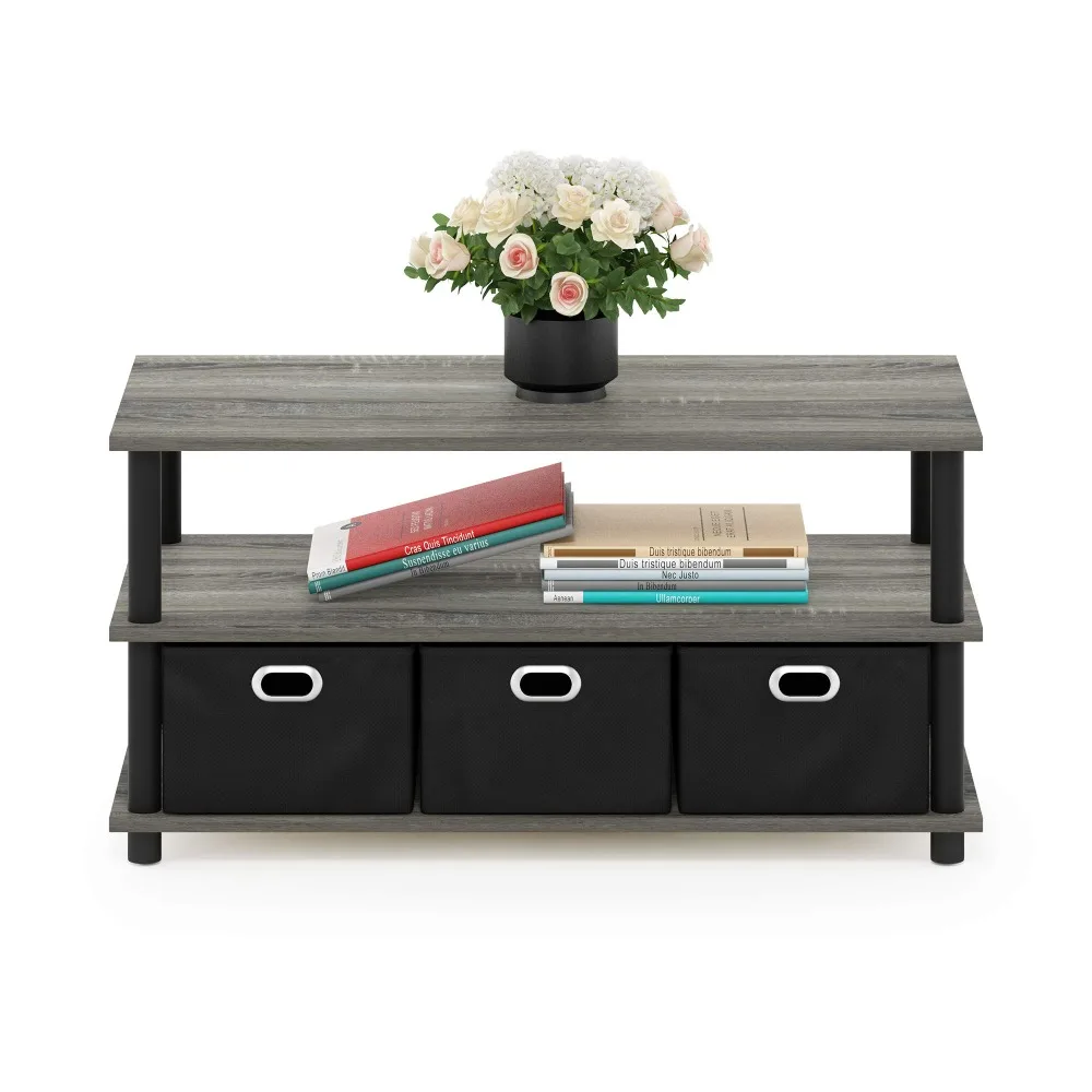 

Wooden Coffee Table with Storage Bins, 31.22D x 15.5W x 15.8H inches, French Oak Grey Black, Non-Woven Bins Included