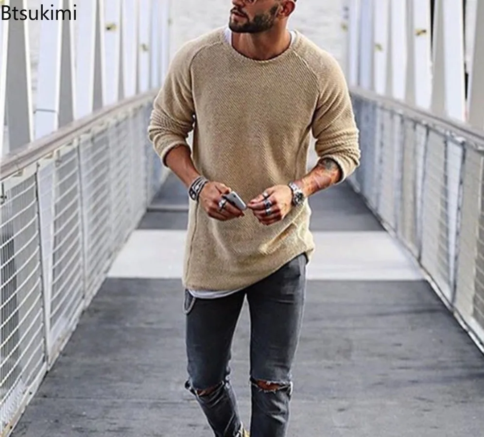 

2025 Autumn and Winter Solid Color Mens Knitted Sweaters Long Sleeved Round Necked Pullover Sweaters Casual Fashion Mens Tops