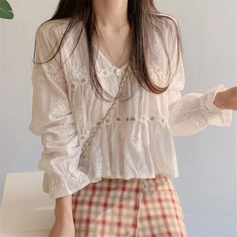 2024 Sweet Embroidery Shirt for Women Spring Summer White Lace Long Sleeve U Neck Single Breasted Loose Elegant Lady Blouses