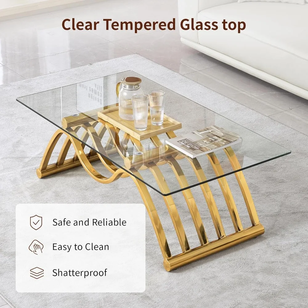 Gold Glass Coffee Table, 47 Tempered Clear Glass Top, Stainless Steel Frame, Unique Decorative Center Table, Modern Gold Coffee