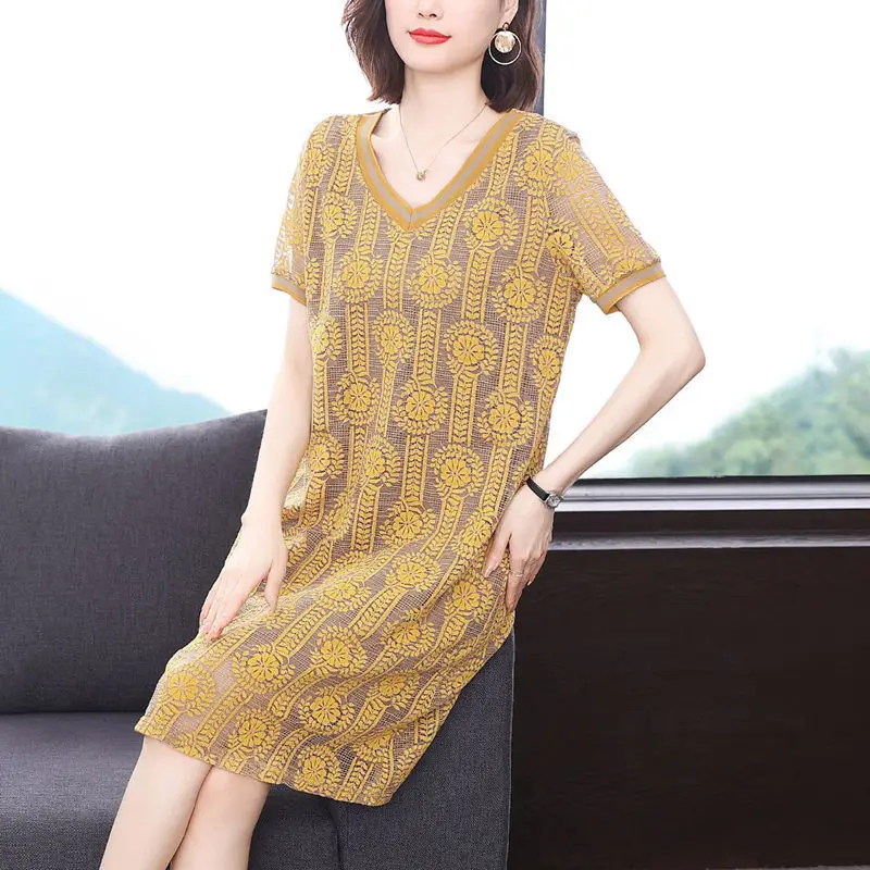 Casual Dignified V-neck Knee Skirts Lace Dresses Temperament Printing Patchwork Elegant Summer Thin New Women's Clothing 2023