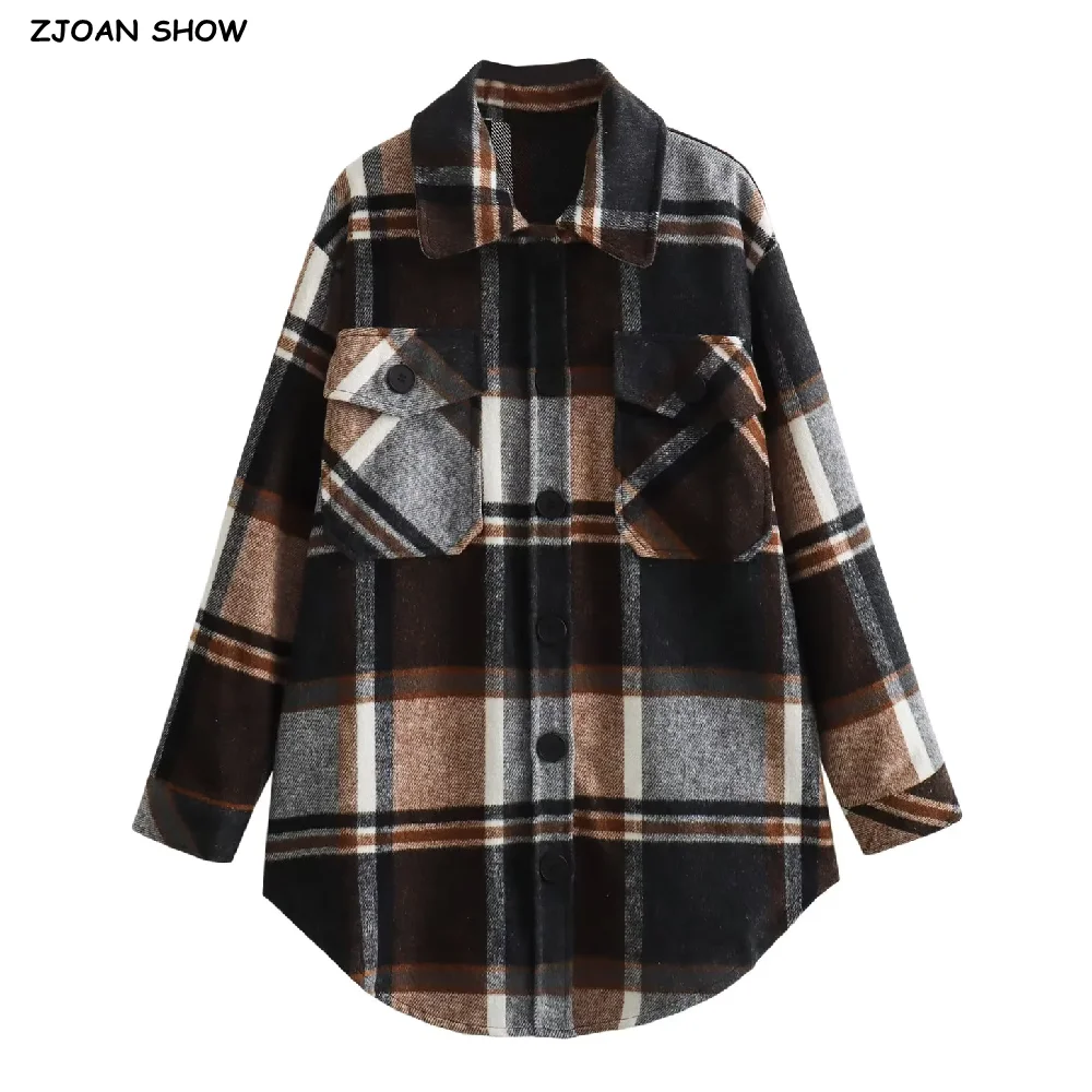 

New Autumn Winter Lapel Collar Plaid Woolen Shirt For Women Single-Breasted Buttons Long Sleeve Loose Midi Jacket Blouse Tops