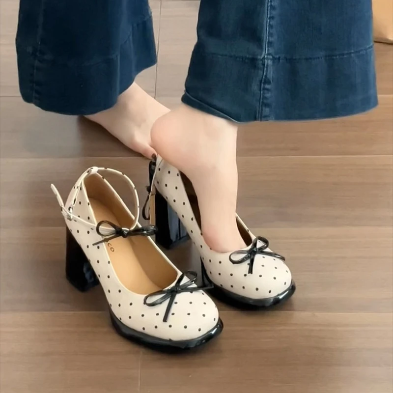 

Винтажные женские туфли Мэри Джейн на толстом каблуке в горошек, элегантные туфли с ремешком на щиколотке, весенние женские туфли-лодочки с бантом-бабочкой