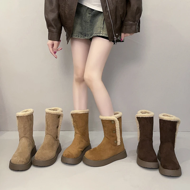 

Женские зимние ботинки на плоской подошве и платформе, теплая короткая плюшевая хлопковая обувь, зимние трендовые кроссовки 2025 года, ботинки «Челси», повседневные удобные Mujer Botas