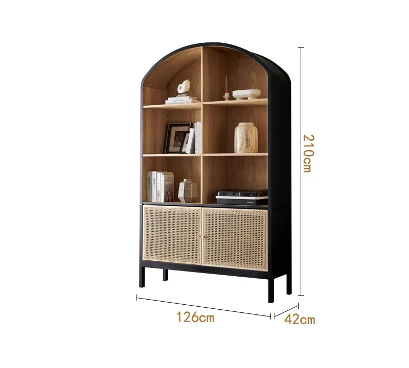 Nordic Retro Solid Wood Bookcase Living Room Wall Floor-Standing Rack Rattan Display Cabinet Locker