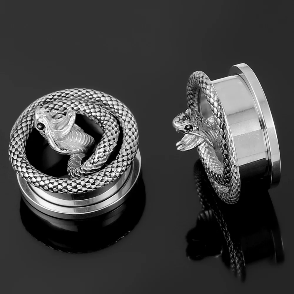 Giga 2Pcs Gothic Snake Ear Plugs Tunnels Gauges Expander Stainless Steel Screw Back Stretcher 8mm-25mm Body Piercing Jewelry