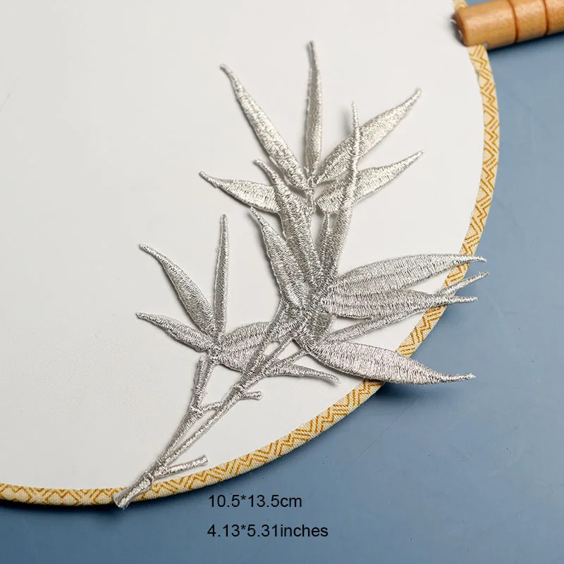 Embroidered Bamboo Leaf Iron-on Patches, Ethnic Style, DIY for Fan, Jewelry Box, Bag, Skirt, Decorative Back Glue