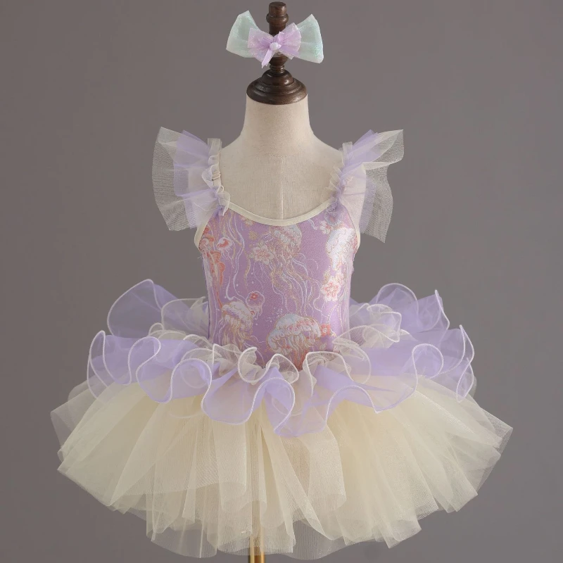New Gold Thread Embellished Tulle Tutu, Elegant Ballet Dress for Girls,Ideal for Kindergarten Children's Day Shows & Performance