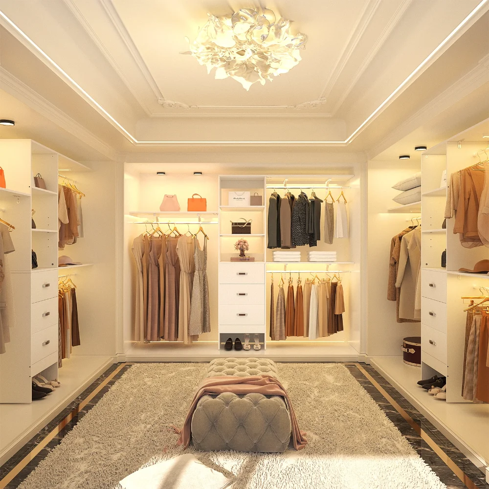

96 Inches Closet System, 8FT Walk In Closet Organizer with 3 Shelving Towers, Heavy Duty Clothes Rack with 3 Drawers