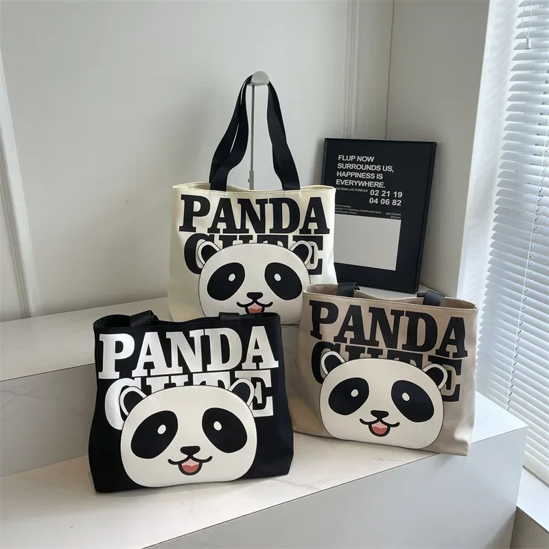 Tote Bag Large Capacity Canvas Bag Women's 2024 Autumn New Korean Version Printed Cute Panda Cartoon Shoulder Bag