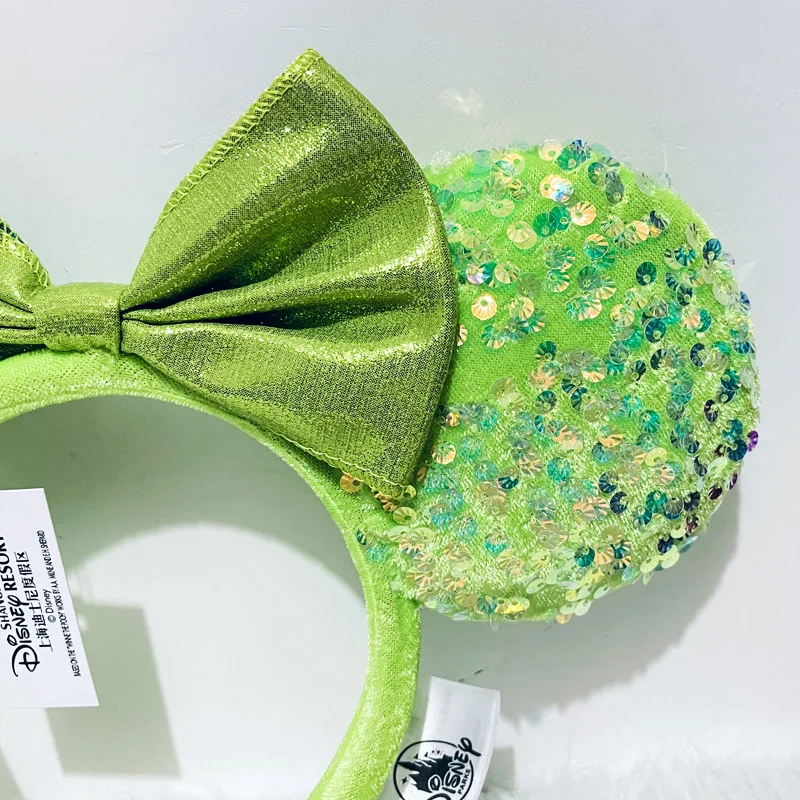 New Disney Green Plush Soft Mickey Minnie Ear Headband For Adults Clear Shell Sequins Headband Minnie Park Accessories Headwear