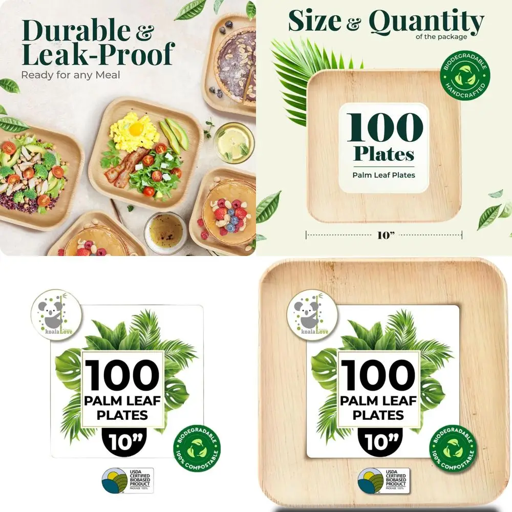 

Elegant Bamboo Square 10 Palm Leaf Plates - 100 Pack for Parties, Stronger than Paper & Plastic (KoalaLove PLP-10IN-100)