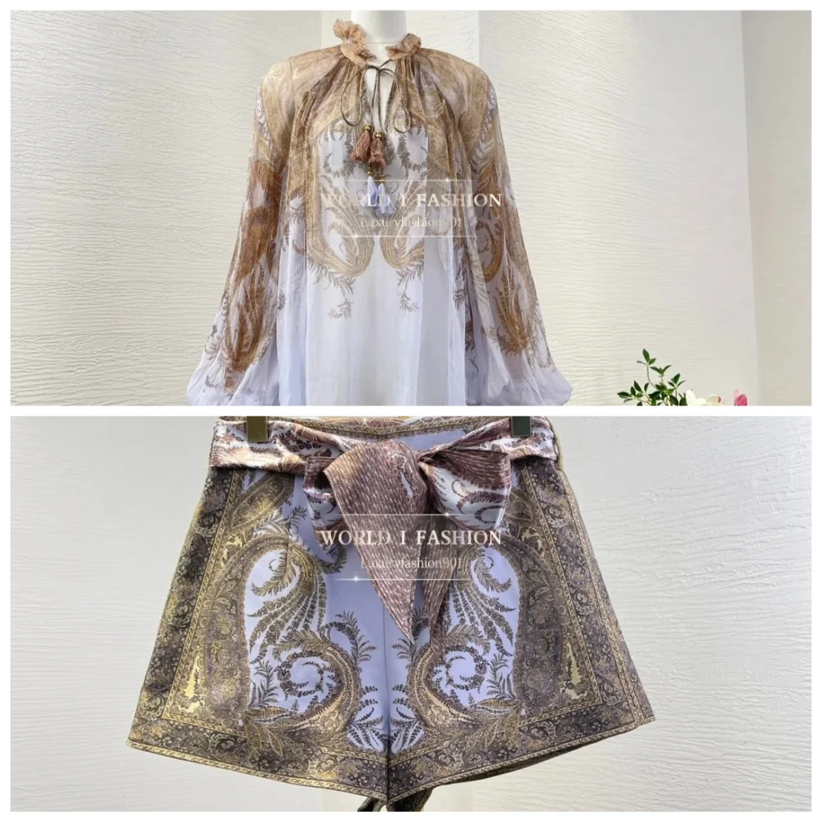 

2025 New High Quality Paisley Tassel Pendant Decoration Full Seleeve Blouse and Shorts Women Set