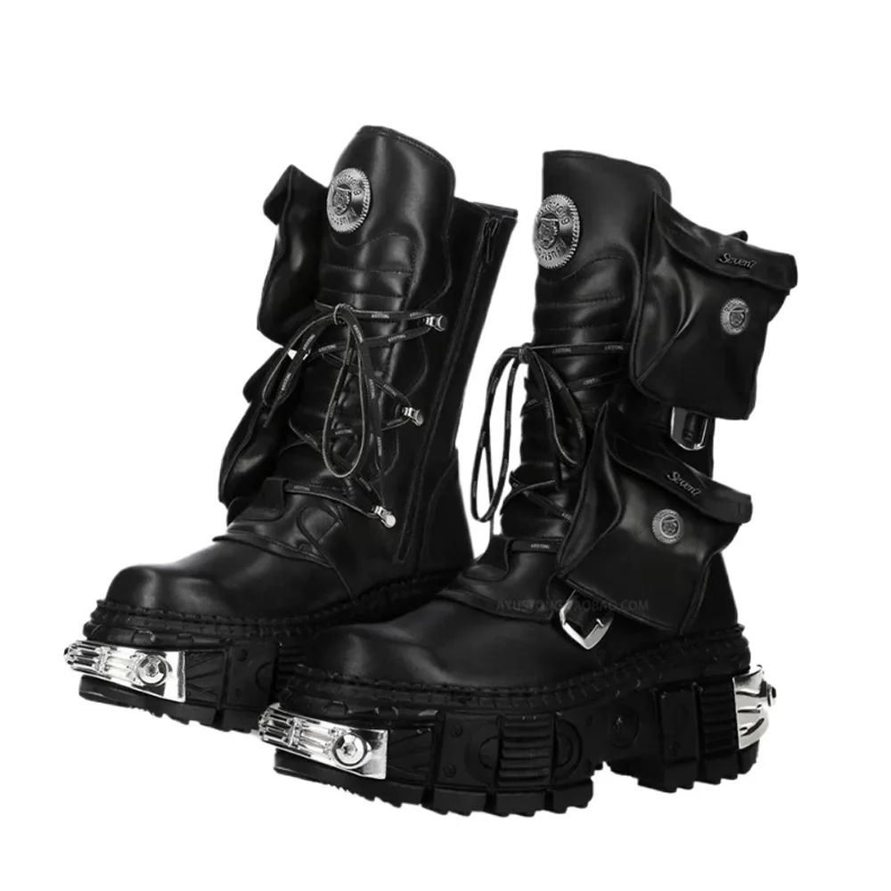 

Men's Genuine Leather Motorcycle Boots Metal Round Toe Women Cowboy Boots Tank Street Punk Rock Belt Buckle Mid-calf Boots