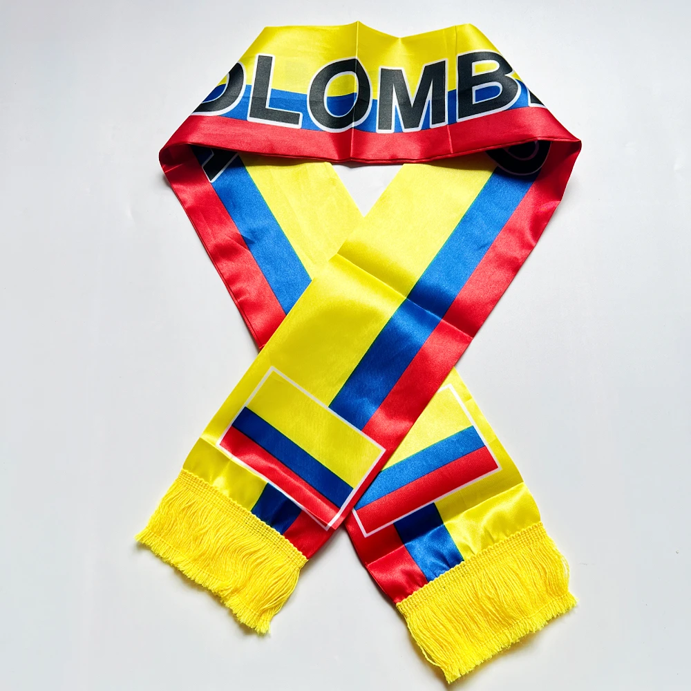 2026 Colombia Scarf 14x135cm Double-sided Printed Satin Columbia Flag Scarf Tassels for Football, Sports, Events