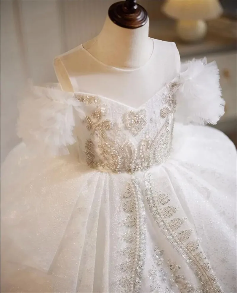 Weiße Blume Mädchen Kleider für Hochzeit Korsett zurück von der Schulter Prinzessin Kind Erstkommunion Kleid Kind Größe 1-14t