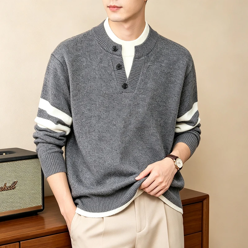American Retro V-neck Knitted Sweater for Men, 2026 New Item, Fake Two-piece Striped Contrasting Sweater, High-end Casual Top