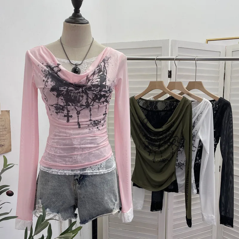 Women Casual Lace Splicing Mesh Long-sleeved T-shirt Retro Print Halloween Fake Two-piece Swing Collar Slim Fit Inner Top 8035