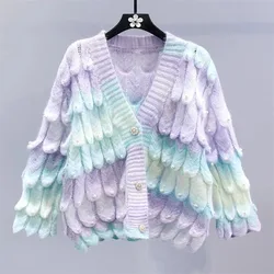 2024 New Cardigan Sweater Spring Autumn Women Loose V-Neck Single-Breasted Knitwear Fashion Stereoscopic Petals Tops Female