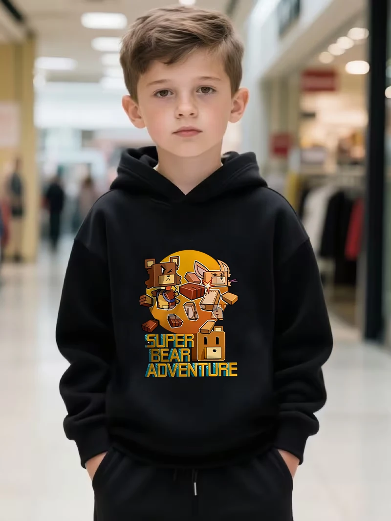 Super Bear Adventure Game-Style Printed Children's Jacket - Boys and Girls Casual Daily Stylish Hooded Sweatshirt