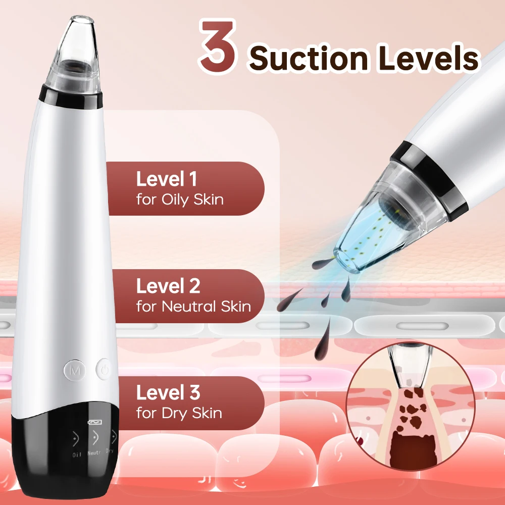 Rechargeable 3 Modes Face Vacuum Blackhead Remover Nose Pore Cleaner Extractor Skin Care Tool for Deep Cleaning