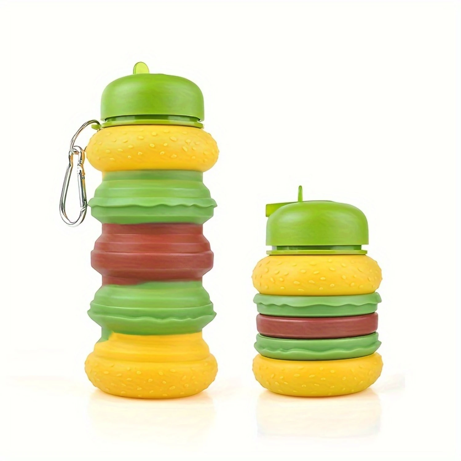 Collapsible Water Bottle 16.91oz - Reusable Leak-Proof Sports Bottle for Gym, Camping, Hiking, Travel - Burger Design with Carab