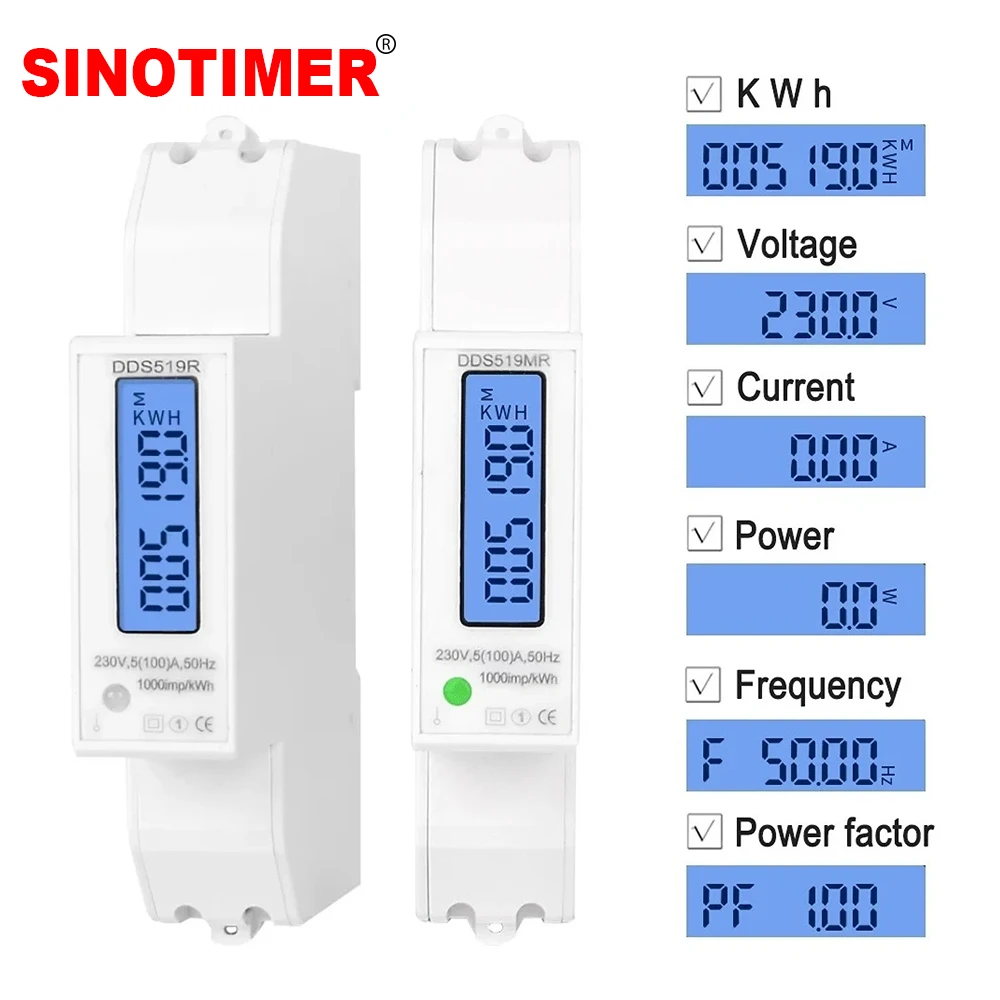 AC 220V 100A Single Phase DN Rail Digital Display Energy Meter kWh RS485 Modbus RTU Communication Pulse Output Power Consumption
