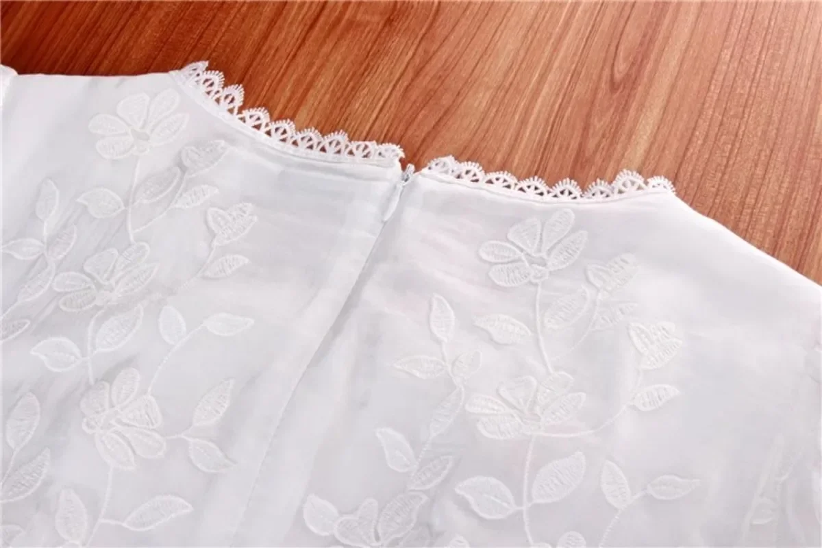 꽃 자수 레이스 화이트 드레스 여성 여름 빈티지 퍼프 슬리브 빈티지 우아한 여성 의류 활주로 디자인 Vestidos