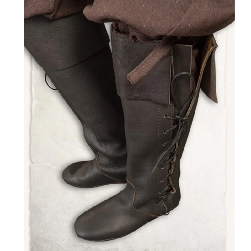 Botas de cuero Pu para Cosplay de caballero Retro Medieval, zapatos Retro para hombres y mujeres, zapatos góticos de tubo alto con cordones para fiesta de Carnaval y Halloween